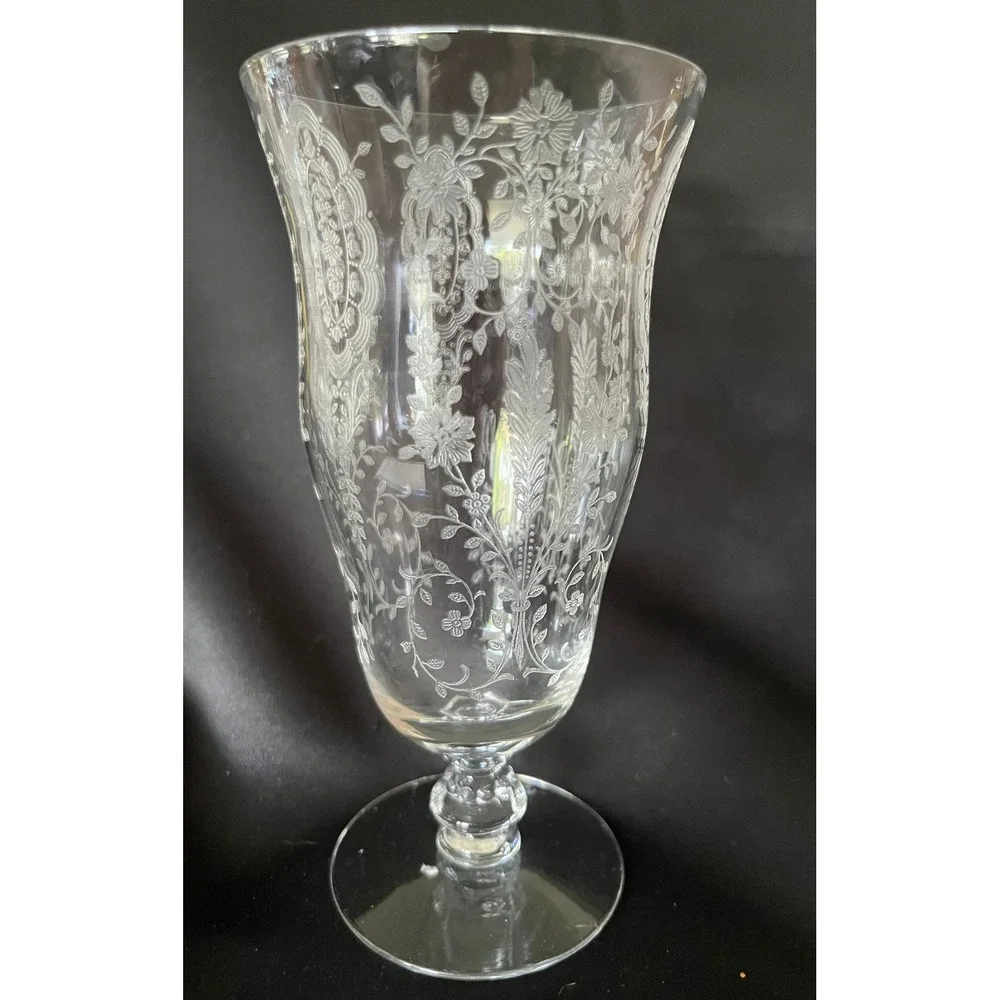 Vintage Etched Floral Glass Goblet Clear Crystal Celery Vase7.5in